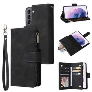 huismerk For Samsung Galaxy S22+ 5G Multifunctional Frosted Zipper Wallet Leather Phone Case(Black)