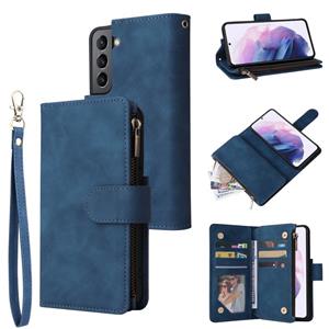 huismerk For Samsung Galaxy S22+ 5G Multifunctional Frosted Zipper Wallet Leather Phone Case(Blue)