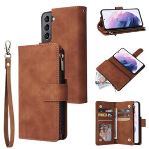 huismerk For Samsung Galaxy S22+ 5G Multifunctional Frosted Zipper Wallet Leather Phone Case(Brown)