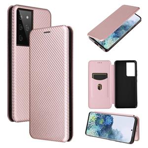 huismerk Voor Samsung Galaxy S30 Ultra / S21 Ultra 5G Carbon Fiber Textuur Magnetische horizontale flip TPU + PC + PU lederen hoes met kaartsleuf (roze)