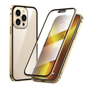 huismerk HD Magnetisch Metalen Frame Dubbelzijdig Gehard Glas Telefoon Case voor iPhone 13 Pro (Gold)