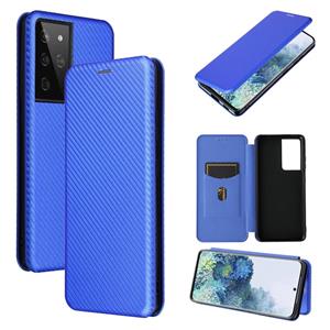 huismerk Voor Samsung Galaxy S30 Ultra / S21 Ultra 5G Carbon Fiber Textuur Magnetische horizontale flip TPU + PC + PU lederen hoes met kaartsleuf(blauw)