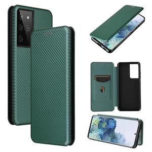 huismerk Voor Samsung Galaxy S30 Ultra / S21 Ultra 5G Carbon Fiber Textuur Magnetische horizontale flip TPU + PC + PU lederen hoes met kaartsleuf(groen)