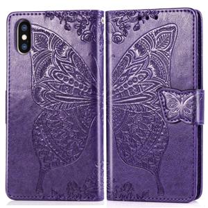 huismerk Butterfly Love bloemen reliëf horizontale Flip lederen case voor iPhone X met houder & kaartsleuven & portemonnee & Lanyard (donker paars)