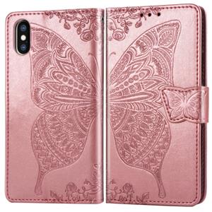 huismerk Butterfly Love bloemen reliëf horizontale Flip lederen case voor iPhone X met houder & kaartsleuven & portemonnee & Lanyard (Rose goud)