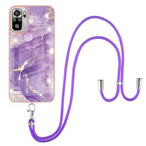 huismerk Voor Xiaomi Redmi Note 10s / Note 10 4G Electroplating Marmeren Patroon IMD TPU Schokbestendig Case met Neck Lanyard (Purple 002)