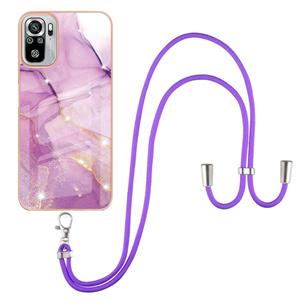 huismerk Voor Xiaomi Redmi Note 10s / Note 10 4G Electroplating Marmeren Patroon IMD TPU Shockproof Case met Neck Lanyard (Purple 001)