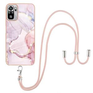 huismerk Voor Xiaomi Redmi Note 10s / Note 10 4G Electroplating Marmeren Patroon IMD TPU Schokbestendig Case met Neck Lanyard (Rose Gold 005)