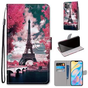 huismerk Gekleurde tekening kruis textuur horizontale flip pu lederen tas met houder & kaart slots & portemonnee & lanyard voor iphone 13 mini (roze bloem tore