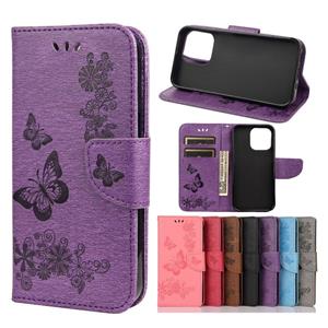 huismerk Vintage reliëf bloemen vlinder patroon horizontale flip lederen tas met kaart slot & houder & portemonnee & lanyard voor iphone 13 mini