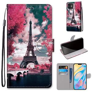 huismerk Gekleurde Tekening Cross Textuur Horizontale Flip PU Lederen Case met Houder & Card Slots & Wallet & Lanyard voor iPhone 13 (Pink Flower Tower Bridge)