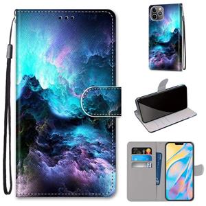 huismerk Gekleurde tekening kruistextuur horizontale flip pu lederen tas met houder & kaart slots & portemonnee & lanyard voor iphone 13 pro (kleurrijke wolken