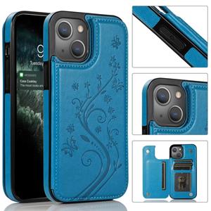 huismerk Vlinders bloemen dubbele gesp PU + TPU beschermhoes met houder & kaart slots & fotolijst voor iPhone 13 mini