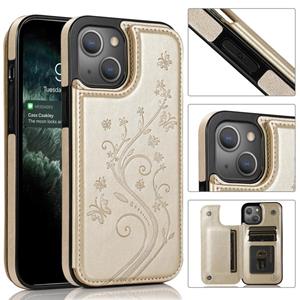 huismerk Vlinders bloemen dubbele gesp PU + TPU beschermhoes met houder & kaart slots en fotolijst voor iPhone 13 mini