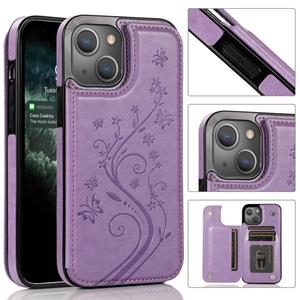 huismerk Vlinders bloemen dubbele gesp PU + TPU beschermhoes met houder & kaart slots & fotolijst voor iPhone 13 mini