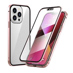 huismerk HD Magnetisch Metalen Frame Dubbelzijdig Gehard Glas Telefoon Case voor iPhone 13 Pro Max (Pink)