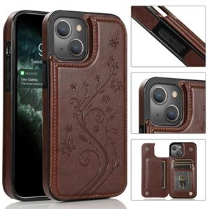 huismerk Vlinders bloemen dubbele gesp PU + TPU beschermhoes met houder & kaart slots & fotolijst voor iPhone 13 mini (bruin)