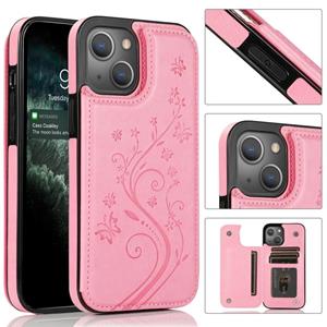 huismerk Vlinders bloemen dubbele gesp PU + TPU beschermhoes met houder & kaart slots en fotolijst voor iPhone 13 mini