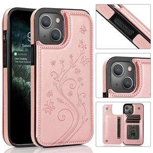 huismerk Vlinders bloemen dubbele gesp PU + TPU beschermhoes met houder & kaart slots en fotolijst voor iPhone 13 mini (rose goud)