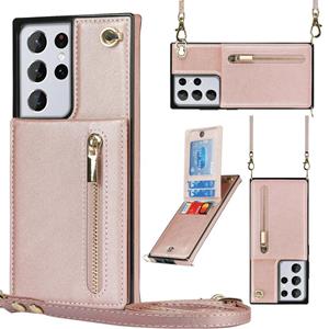 huismerk Voor Samsung Galaxy S21 Ultra 5G Cross-Body Zipper Square TPU + PU Back Cover Case met Houder & Card Slots & Portemonnee & Riem (ROSE GOUD)