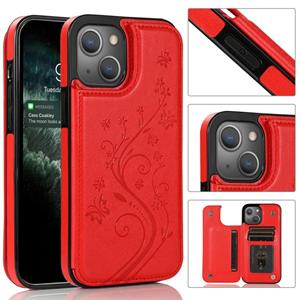 huismerk Vlinders bloemen dubbele gesp PU + TPU beschermhoes met houder kaart slots & fotolijst voor iPhone 13 (rood)