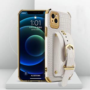 huismerk Geklakte TPU Crocodile Patroon Lederen Case met Polsriem voor iPhone 13 Pro Max