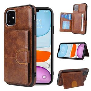 huismerk PU + TPU + PC Shockproof Back Cover Case met kaartslot & houder voor iPhone 12 mini(Bruin)