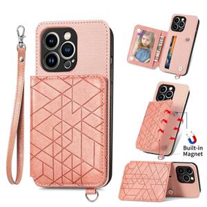 huismerk Geometric Wallet Phone Case with Lanyard For iPhone 13 mini(Pink)