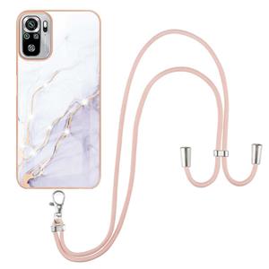 huismerk Voor Xiaomi Redmi Note 10s / Note 10 4G Electloplating Marmeren Patroon IMD TPU Shockproof Case met neklanyard (White 006)