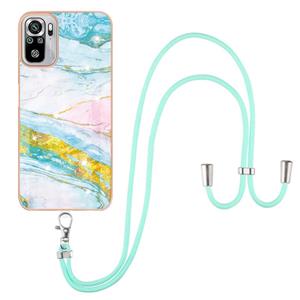 huismerk Voor Xiaomi Redmi Note 10s / Note 10 4G Electroplating Marmeren Patroon IMD TPU Shockproof Case met neklanyard (groen 004)