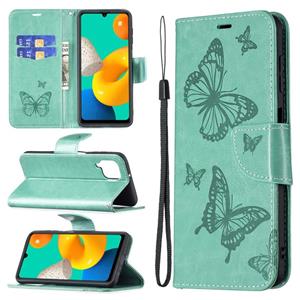 huismerk Voor Samsung Galaxy M32 Embossing Two Butterflies Pattern Horizontal Flip PU Lederen Case met Houder & Card Slot & Portemonnee & Lanyard