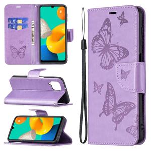 huismerk Voor Samsung Galaxy M32 embossing twee vlinders patroon horizontale flip PU lederen geval met houder en kaartsleuf & portemonnee & lanyard (paars)