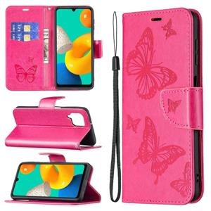 huismerk Voor Samsung Galaxy M32 Embossing Two Butterflies Pattern Horizontal Flip PU Lederen Case met Houder & Card Slot & Portemonnee & Lanyard (Rose Red)