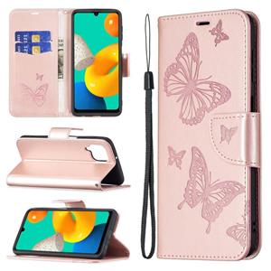 huismerk Voor Samsung Galaxy M32 Embossing Two Butterflies Pattern Horizontal Flip PU Lederen Case met Houder & Card Slot & Portemonnee & Lanyard (Rose Gold)