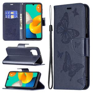 huismerk Voor Samsung Galaxy M32 Embossing Two Butterflies Pattern Horizontal Flip PU Lederen Case met Houder & Card Slot & Portemonnee & Lanyard (Dark Blue)