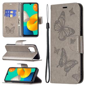 huismerk Voor Samsung Galaxy M32 Embossing Two Butterflies Pattern Horizontale Flip PU Lederen Case met Houder & Card Slot & Portemonnee & Lanyard (Gray)