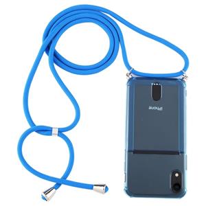 huismerk Voor iPhone XR Transparante TPU beschermhoes met Lanyard & Card Slot(Blauw)