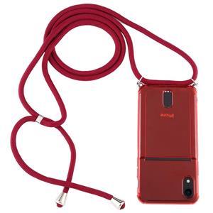 huismerk Voor iPhone XR Transparante TPU beschermhoes met Lanyard & Card Slot(Rood)