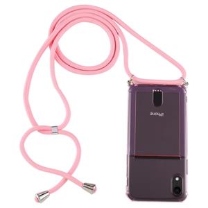 huismerk Voor iPhone XR Transparante TPU beschermhoes met Lanyard & Card Slot(Roze)