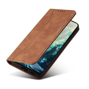 huismerk For Samsung Galaxy A42 5G Skin-feel Calfskin Texture Magnetic Dual-Fold Horizontal Flip Leather Case with Holder & Card Slots & Wallet(Brown)