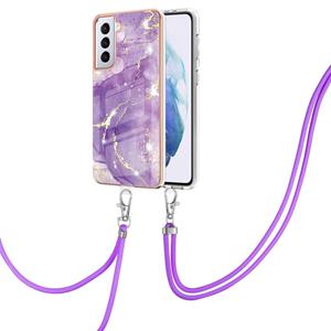 huismerk Voor Samsung Galaxy S21 + 5G Galvaniseren Marmeren Patroon IMD TPU Schokbestendig Case met Neck Lanyard (Purple 002)