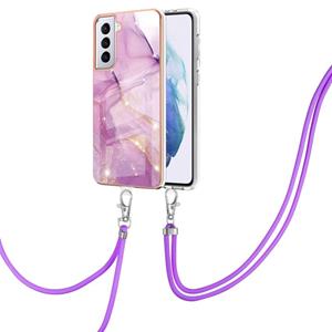 huismerk Voor Samsung Galaxy S21 + 5G Electroplating Marmeren Patroon IMD TPU Schokbestendig Case met Neck Lanyard (Purple 001)