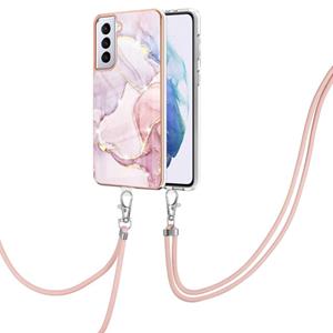 huismerk Voor Samsung Galaxy S21 + 5G Electroplating Marmeren Patroon IMD TPU Shockproof Case met Neck Lanyard (Rose Gold 005)