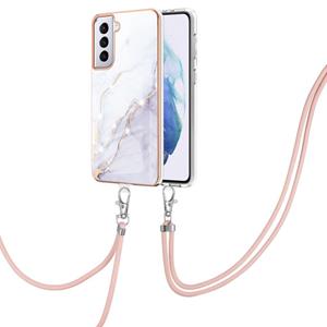 huismerk Voor Samsung Galaxy S21 + 5G Galvaniseren Marmeren Patroon IMD TPU Shockproof Case met Neck Lanyard (White 006)