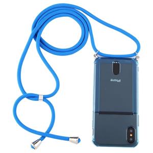 huismerk Voor iPhone XS / X Transparante TPU beschermhoes met Lanyard & Card Slot(Blauw)