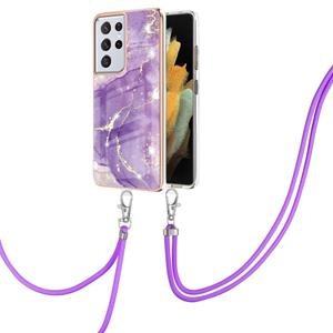 huismerk Voor Samsung Galaxy S21 Ultra 5G Electroplating Marmeren Patroon IMD TPU Shockproof Case met Neck Lanyard (Purple 002)