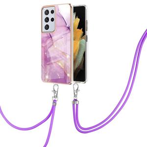 huismerk Voor Samsung Galaxy S21 Ultra 5G Electloplating Marmeren Patroon IMD TPU Schokbestendig Case met Neck Lanyard (Purple 001)