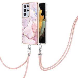 huismerk Voor Samsung Galaxy S21 Ultra 5G Electloplating Marmeren Patroon IMD TPU Schokbestendig Case met Neck Lanyard (Rose Gold 005)