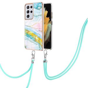 huismerk Voor Samsung Galaxy S21 Ultra 5G Electloplating Marmeren Patroon IMD TPU Shockproof Case met neklanyard (groen 004)