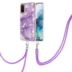 huismerk Voor Samsung Galaxy S20 Galvaniseren Marmeren Patroon IMD TPU Shockproof Case met Neck Lanyard (Purple 002)